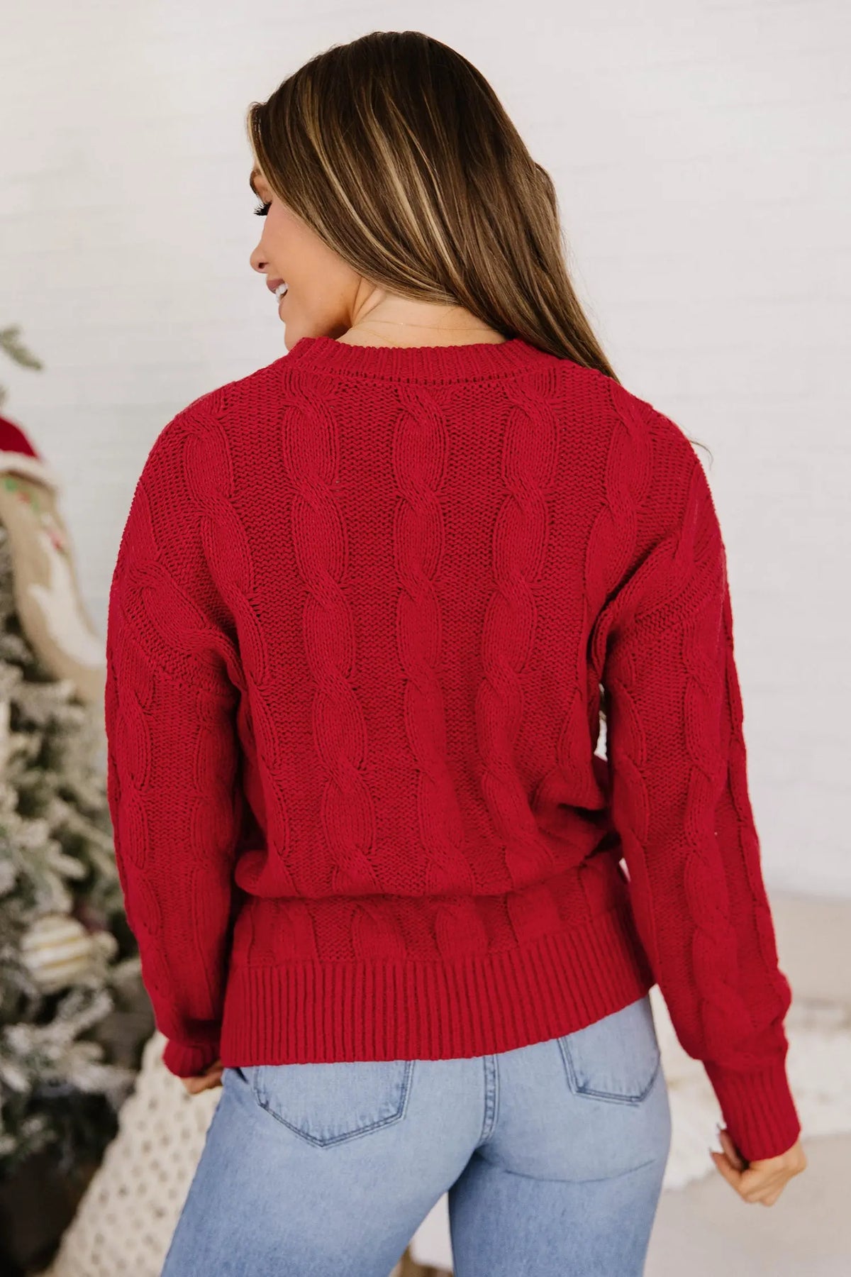 Fiery Red Falala Cable Knit Christmas Dropped Shoulder Pullover Sweater