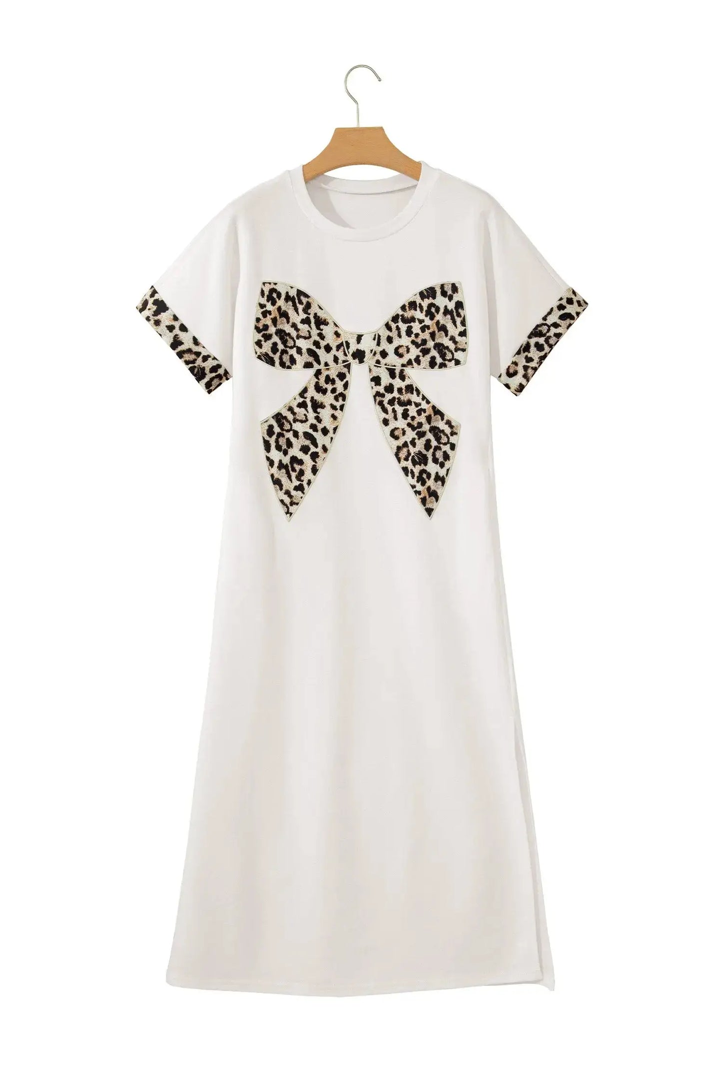 White Contrast Leopard Bow Patched Short Sleeve T Shirt Long Dress - Casual Dresses
