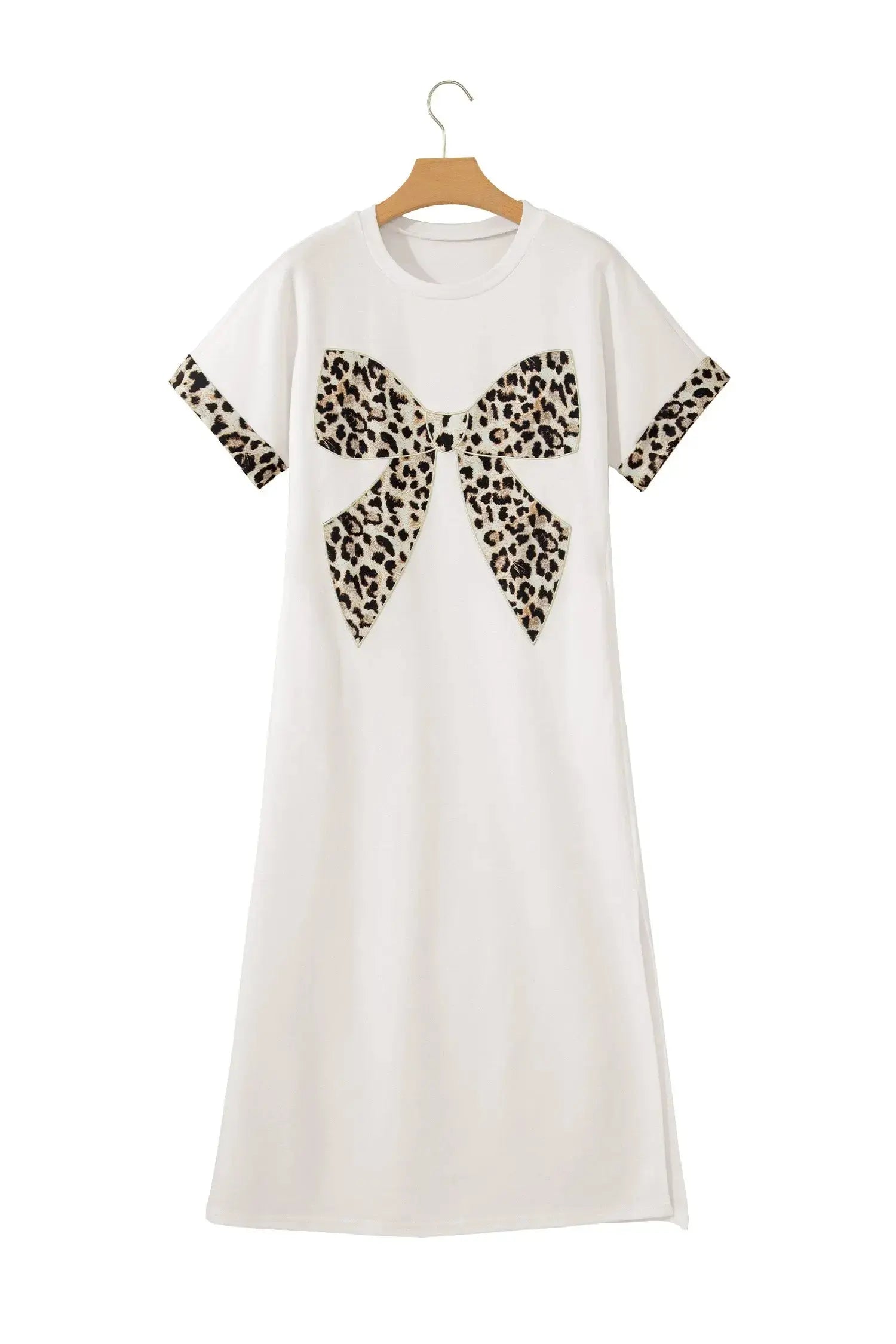 White Contrast Leopard Bow Patched Short Sleeve T Shirt Long Dress - Casual Dresses