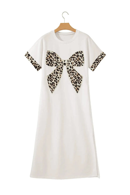 White Contrast Leopard Bow Patched Short Sleeve T Shirt Long Dress - Casual Dresses