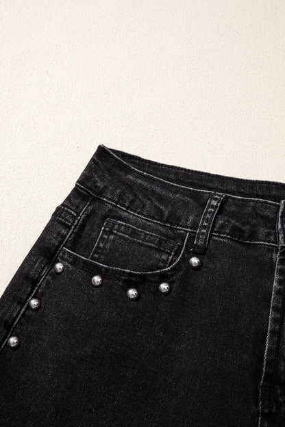 Black Studded Detail Straight Leg Casual Loose Jeans