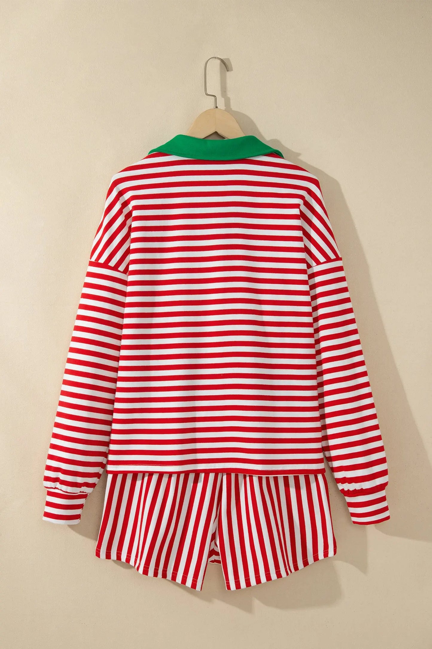 Red Stripe Colorblock Trim Polo Collar Drawstring Elastic Waist Band Casual 2pcs Outfit