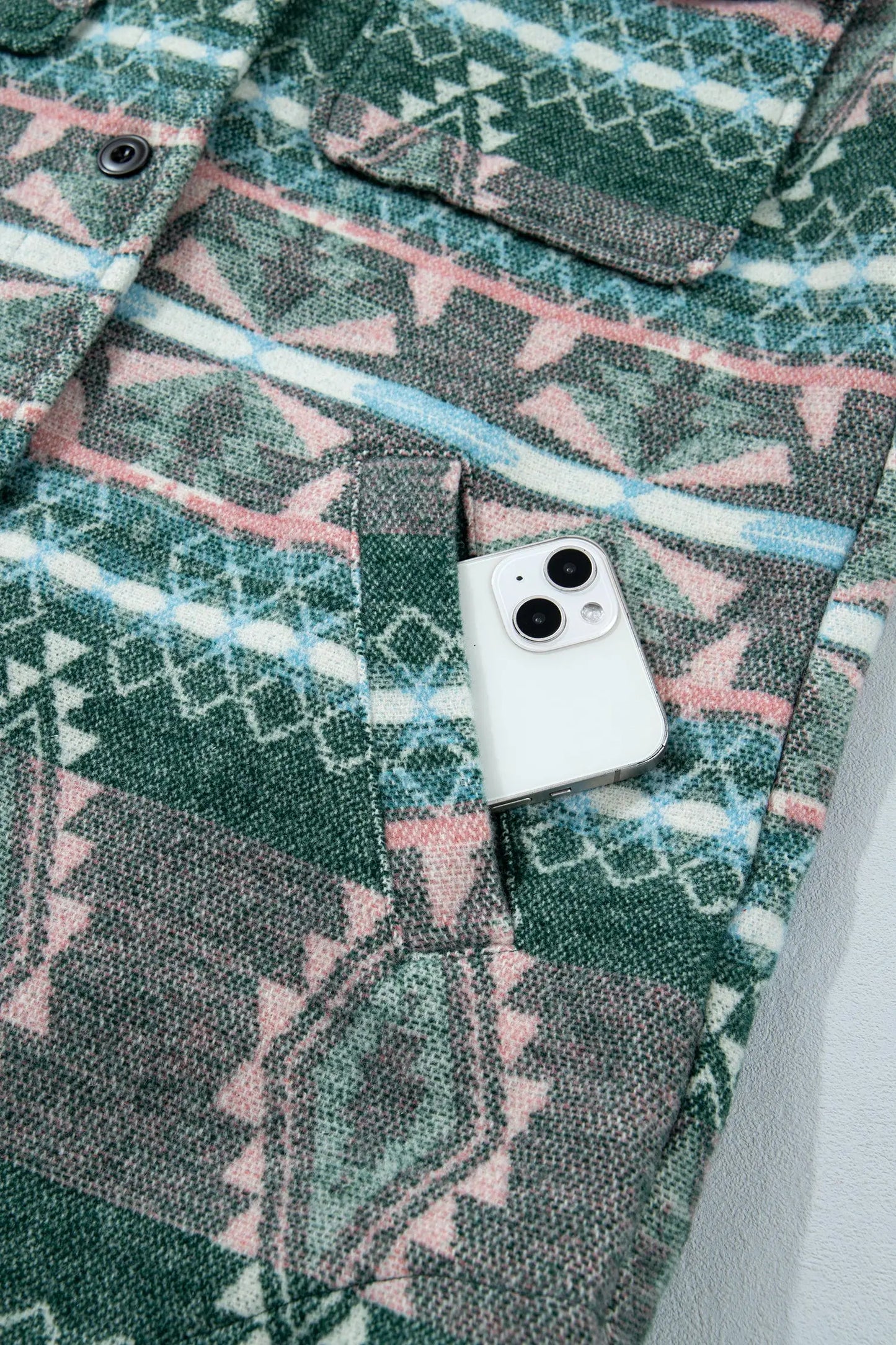 Green Geometric Print Button Front Long Sleeve Shacket