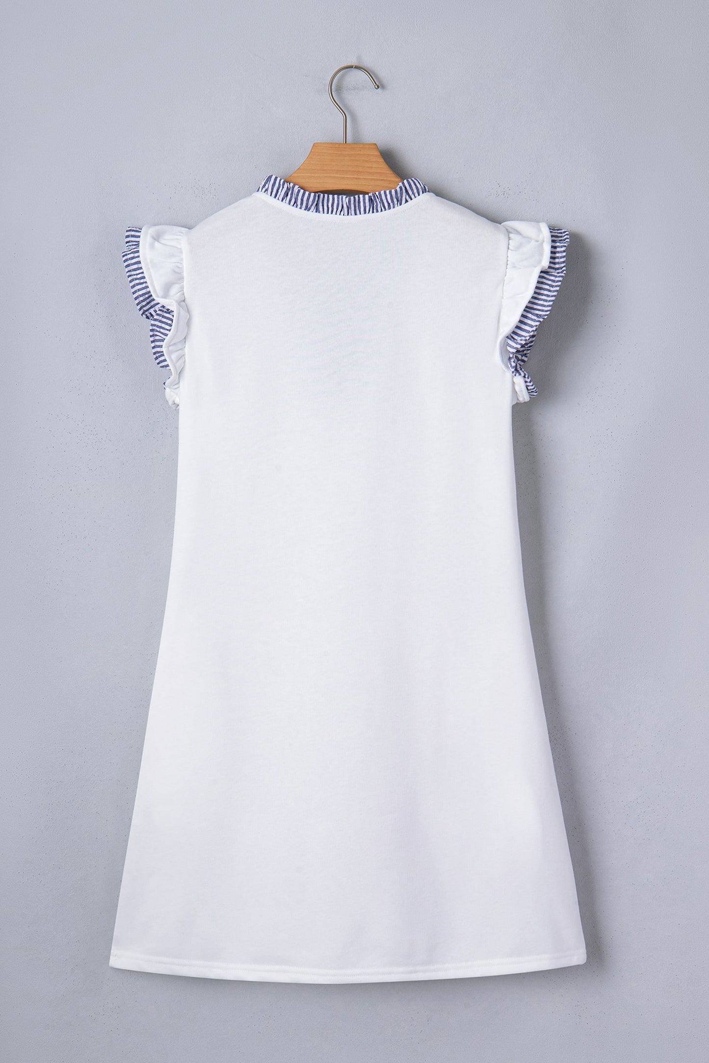 White Contrasted Striped Patchwork Split Neck Ruffle Trim Sleeveless Dress - Casual Dresses