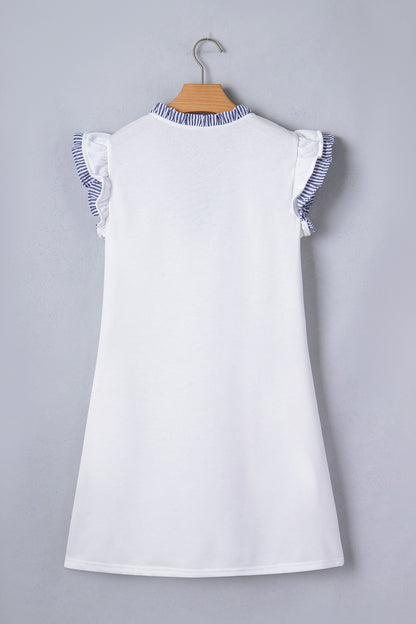 White Contrasted Striped Patchwork Split Neck Ruffle Trim Sleeveless Dress - Casual Dresses