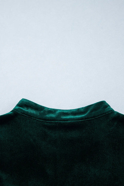 Blackish Green Leopard Trim Velvet Long Sleeve Shift Dress