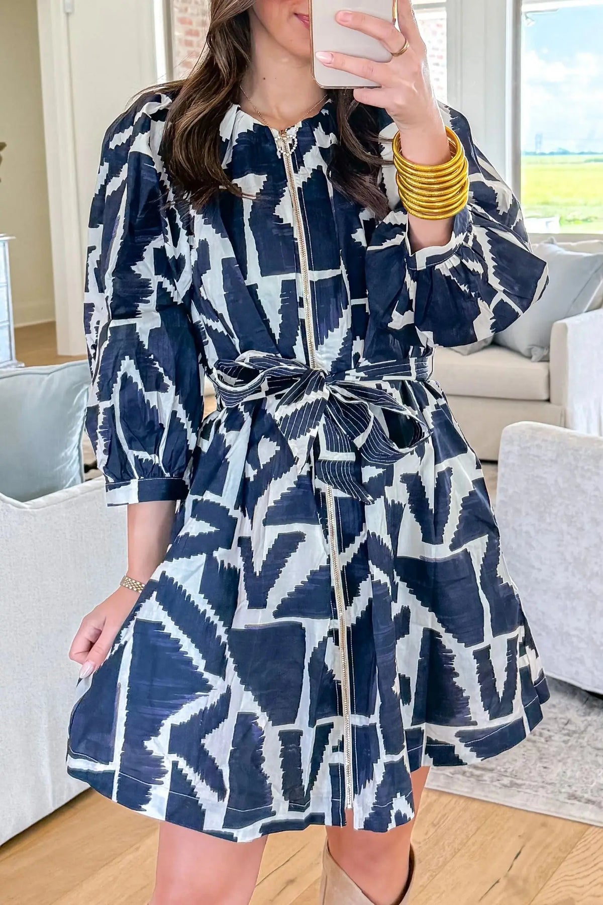 Blue Abstract Geometric Print Zip Front Tie Waist Shift Dress model front view · nz-alt-v1