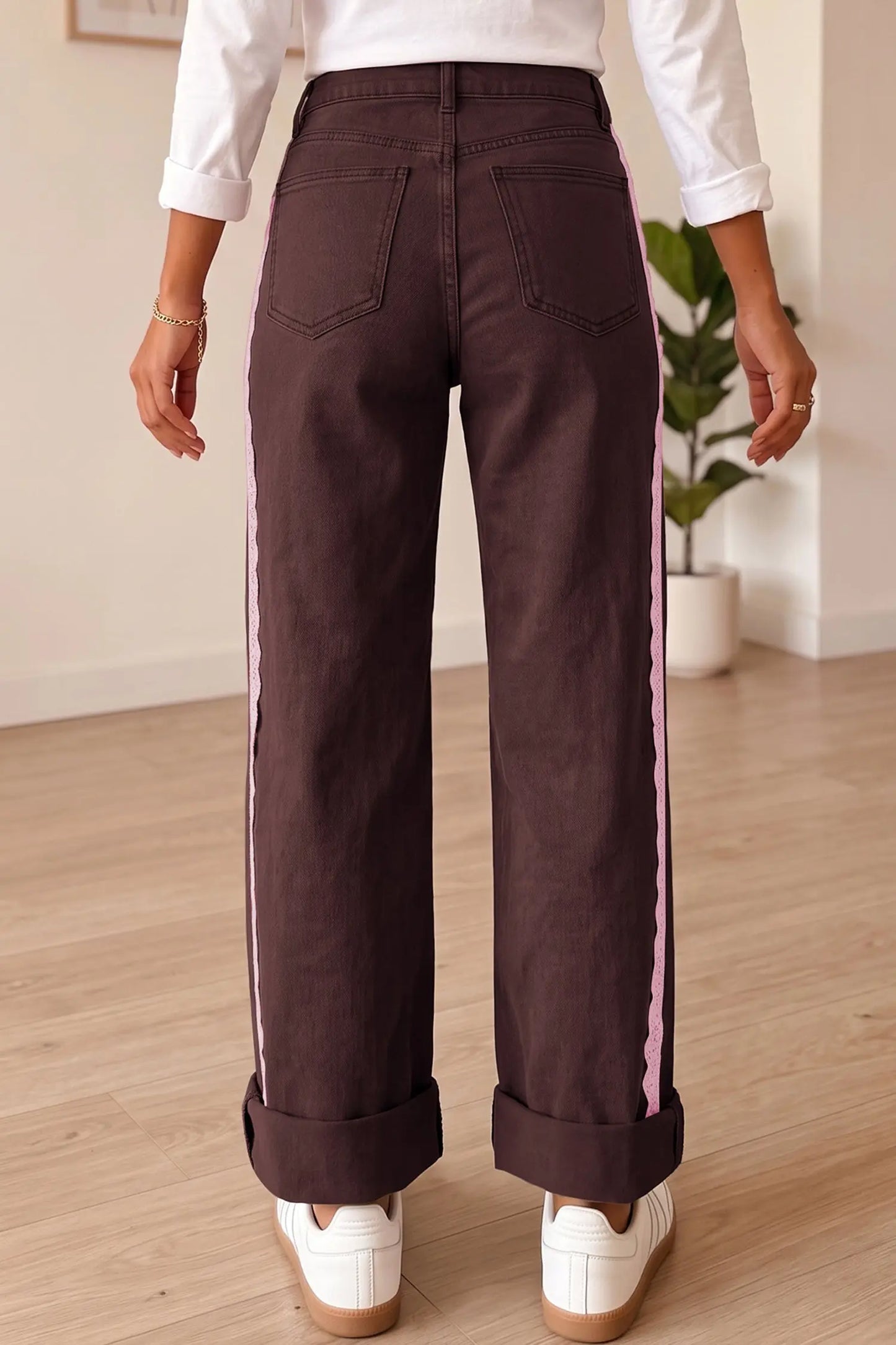 Coffee Lace Trim Casual Full-Length Regular Fit Jeans
