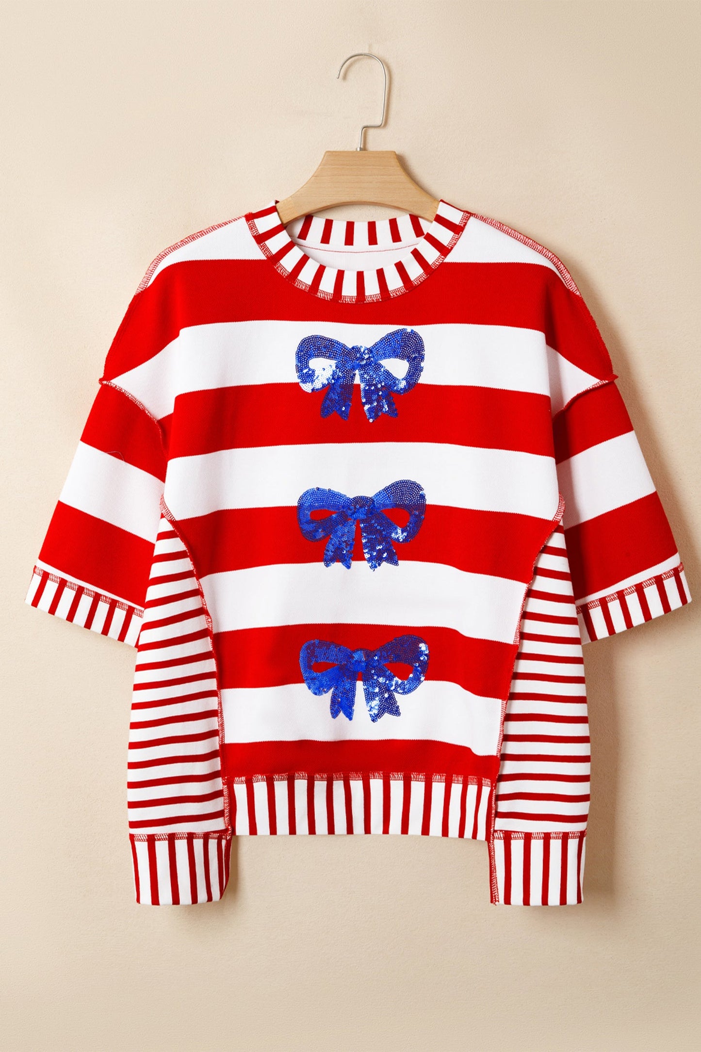 Red Stripe Sequin Bow Patriotic Half Sleeve Top - Tops