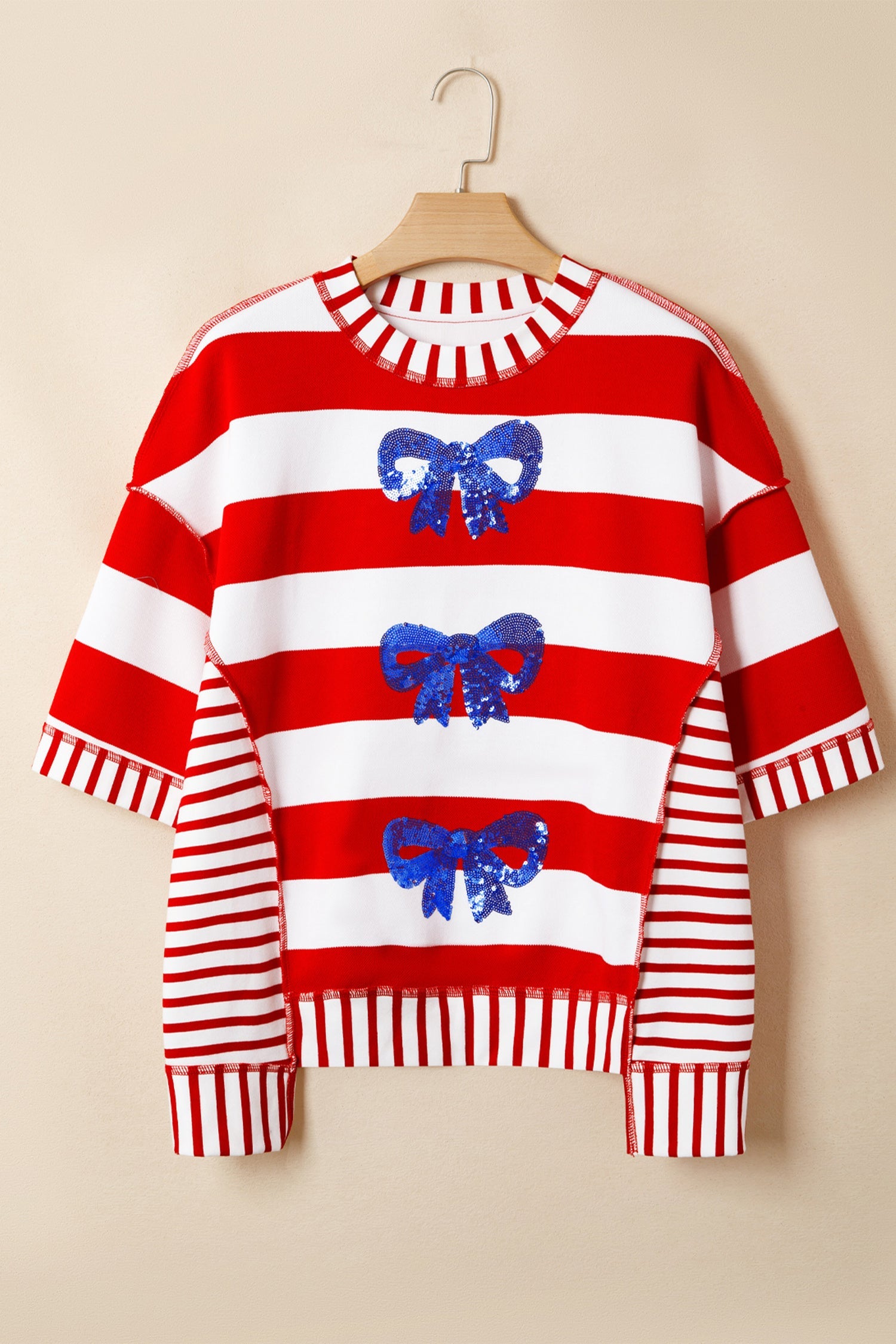 Red Stripe Sequin Bow Patriotic Half Sleeve Top - Tops