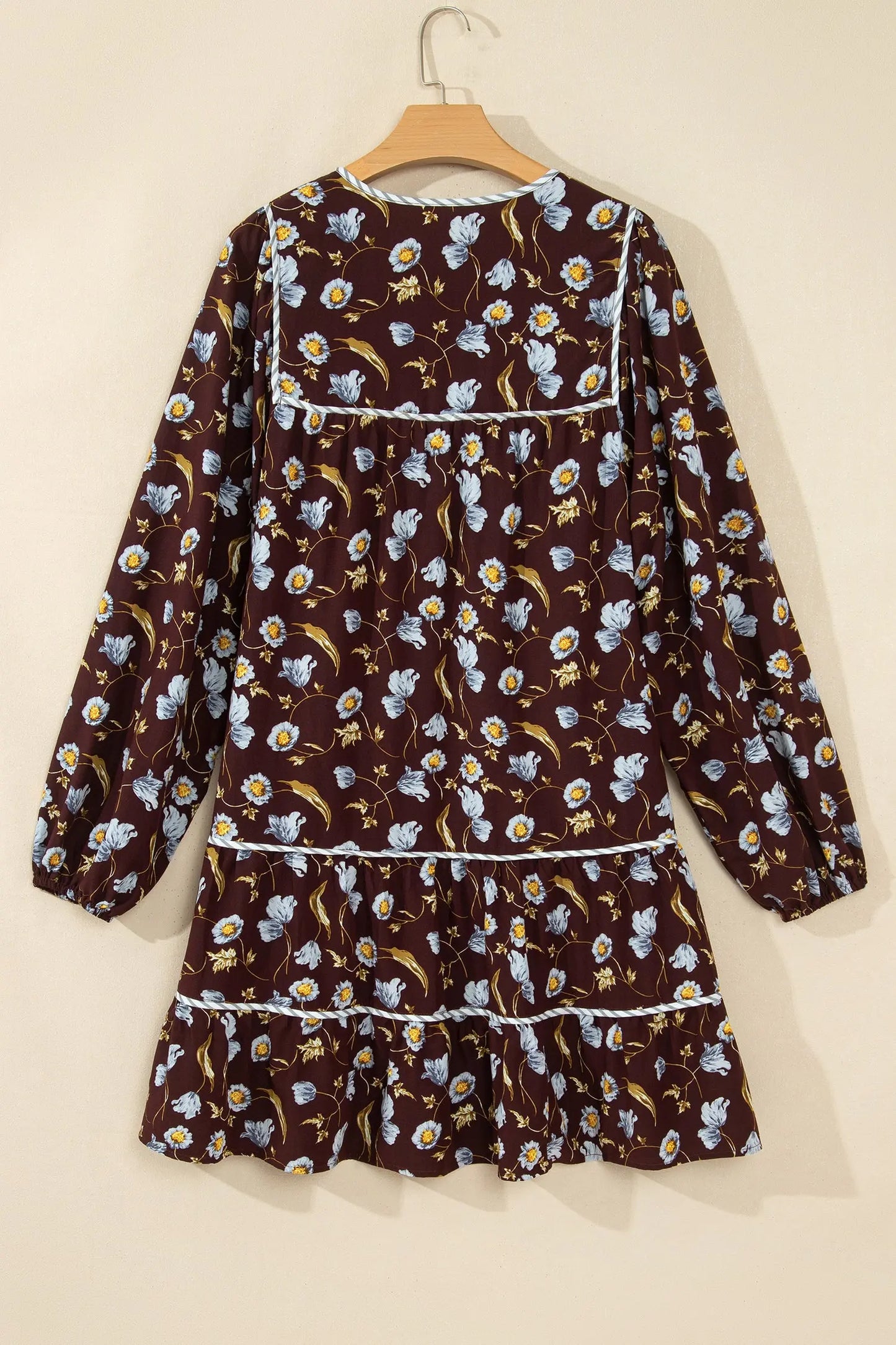 Brown Floral Print Shirred V Neck Shift Dress