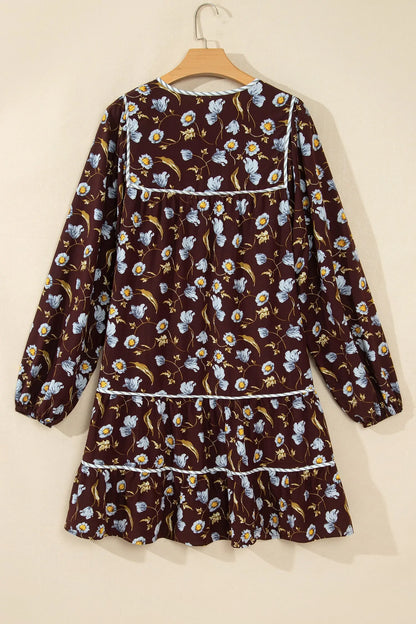 Brown Floral Print Shirred V Neck Shift Dress