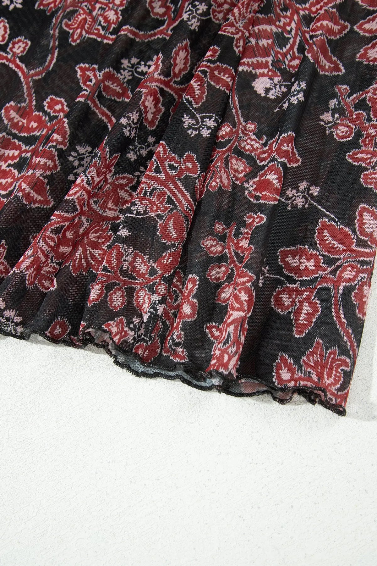 Black Retro Floral Print Long Sleeve Casual Mesh Dress