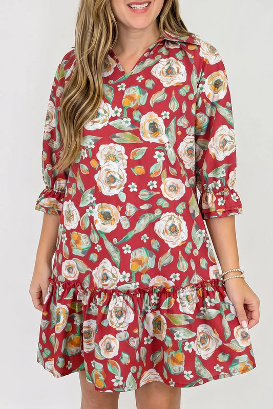 Red floral print half sleeve short shift dress model front view · nz-alt-v1