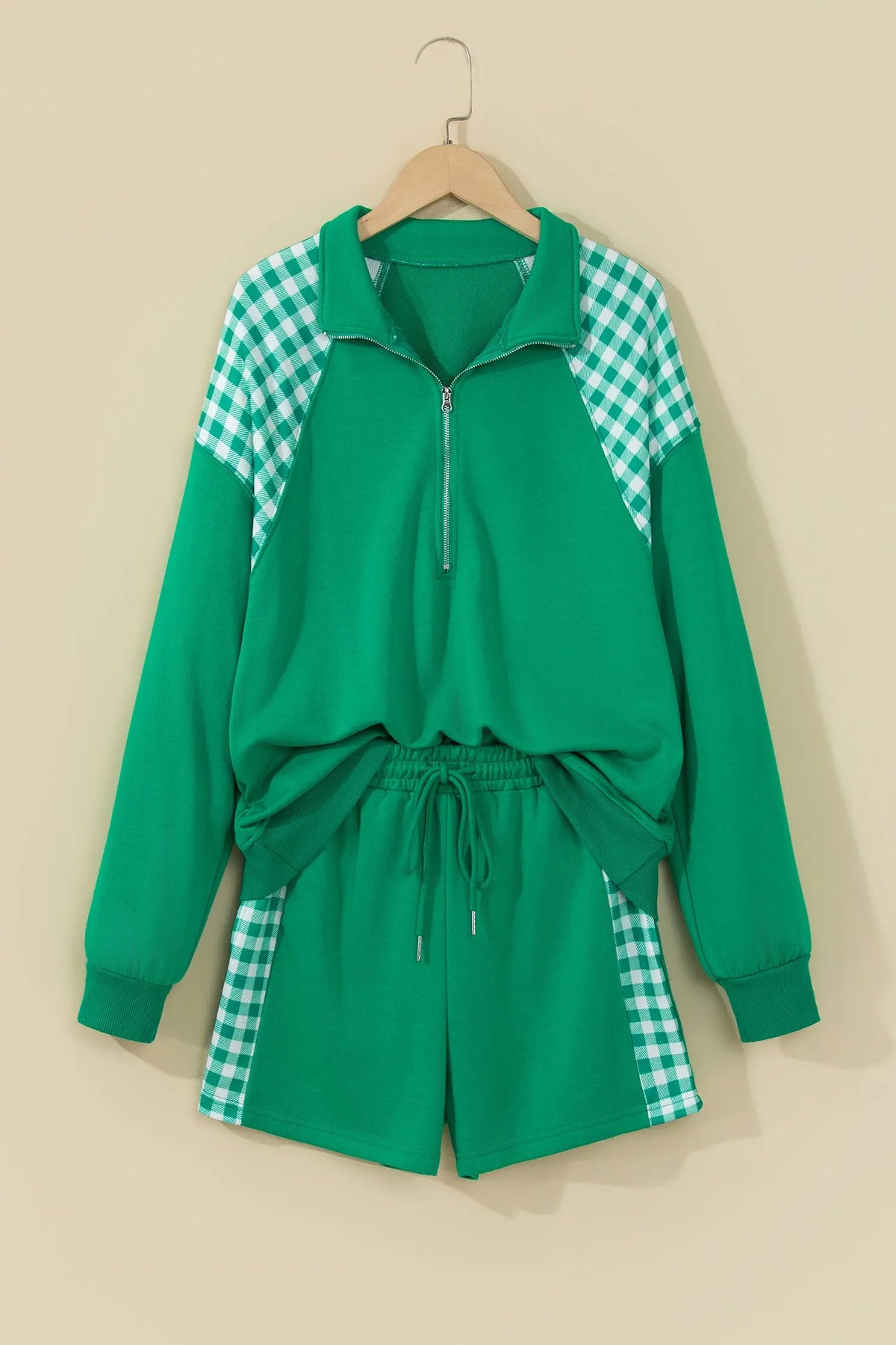 Bright Green Plaid Patchwork Half Zip Pullover Drawstring Short Set