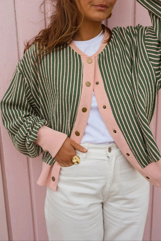 Green stripe striped V neck patchwork long sleeve regular fit cardigan model front view · nz-alt-v1