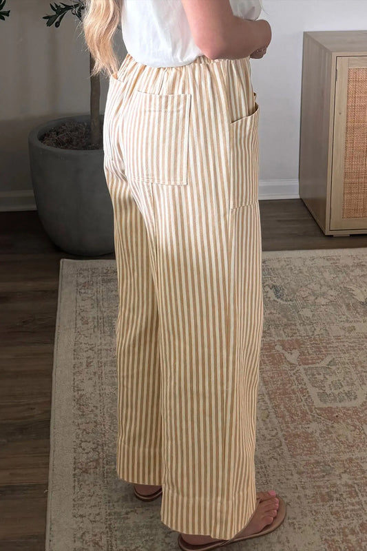 Apricot stripe ribbon drawstring waist full-length pants side view · nz-alt-v1