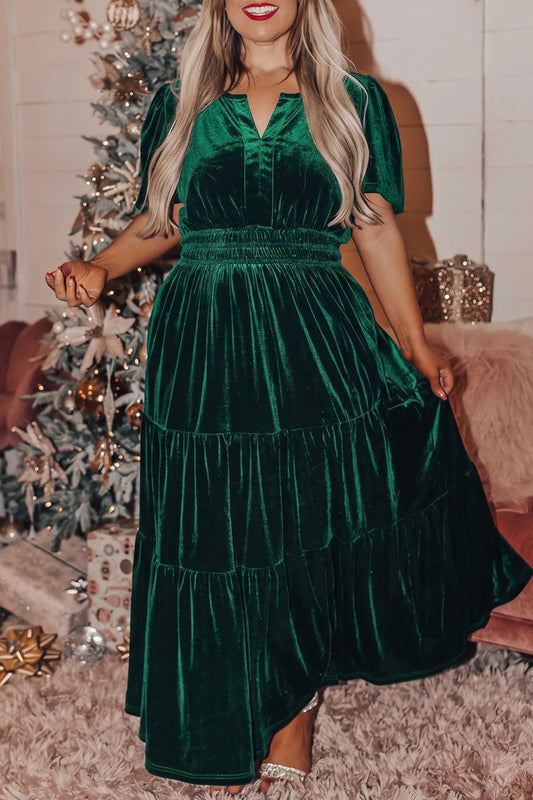 Blackish green velvet tiered maxi dress model front view · nz-alt-v1