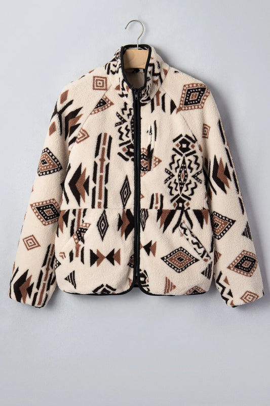 Beige Geometric Print Long Sleeve Shirt Collar Zip-up Placket Binding Tape Jacket