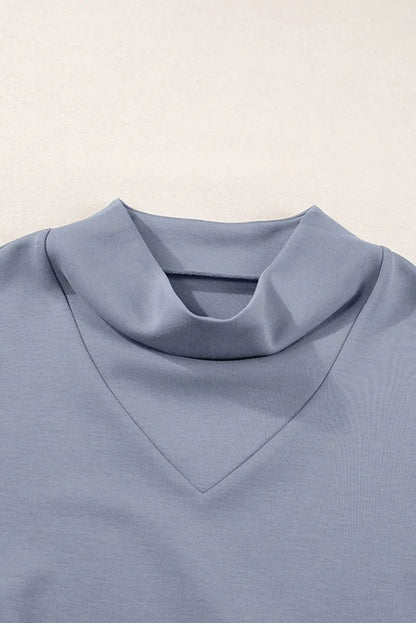 Dusk Blue Solid Color Cowl Neck Drawstring Pullover Wide Leg Athleisure Pants Set
