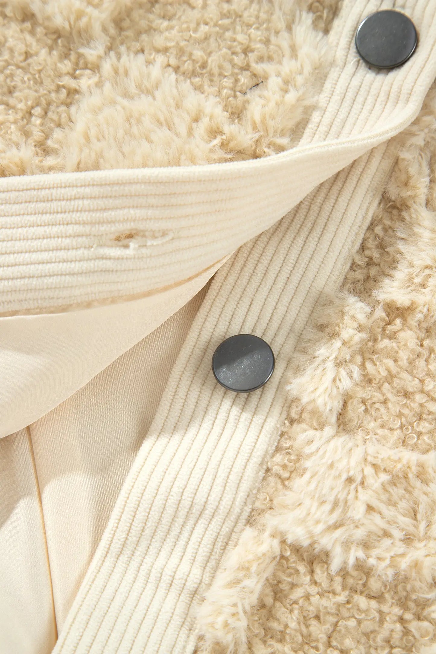 Khaki Plush Checkered Corduroy Trim Metal Button Long Sleeve Shift Silhouette Shacket