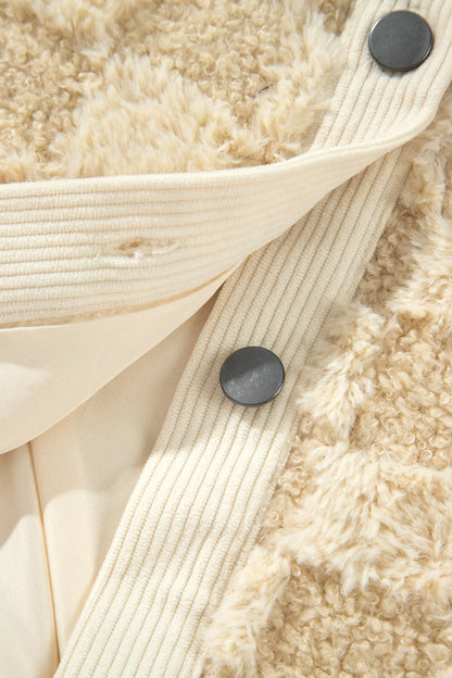 Khaki Plush Checkered Corduroy Trim Metal Button Long Sleeve Shift Silhouette Shacket