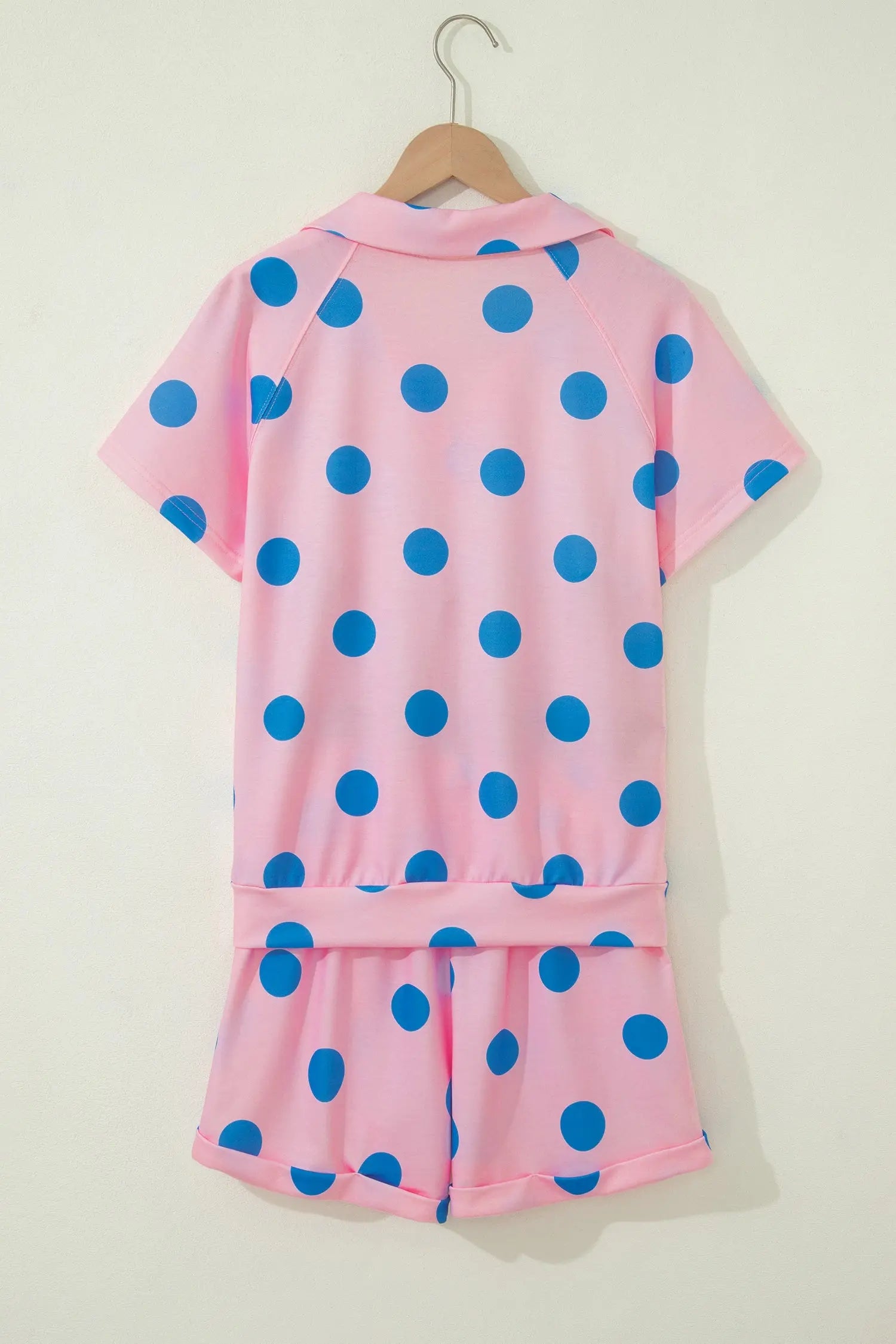 Beige Polka Dot Print V Neck Tee Short Set Nataliz