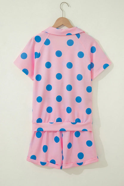 Beige Polka Dot Print V Neck Tee Short Set Nataliz