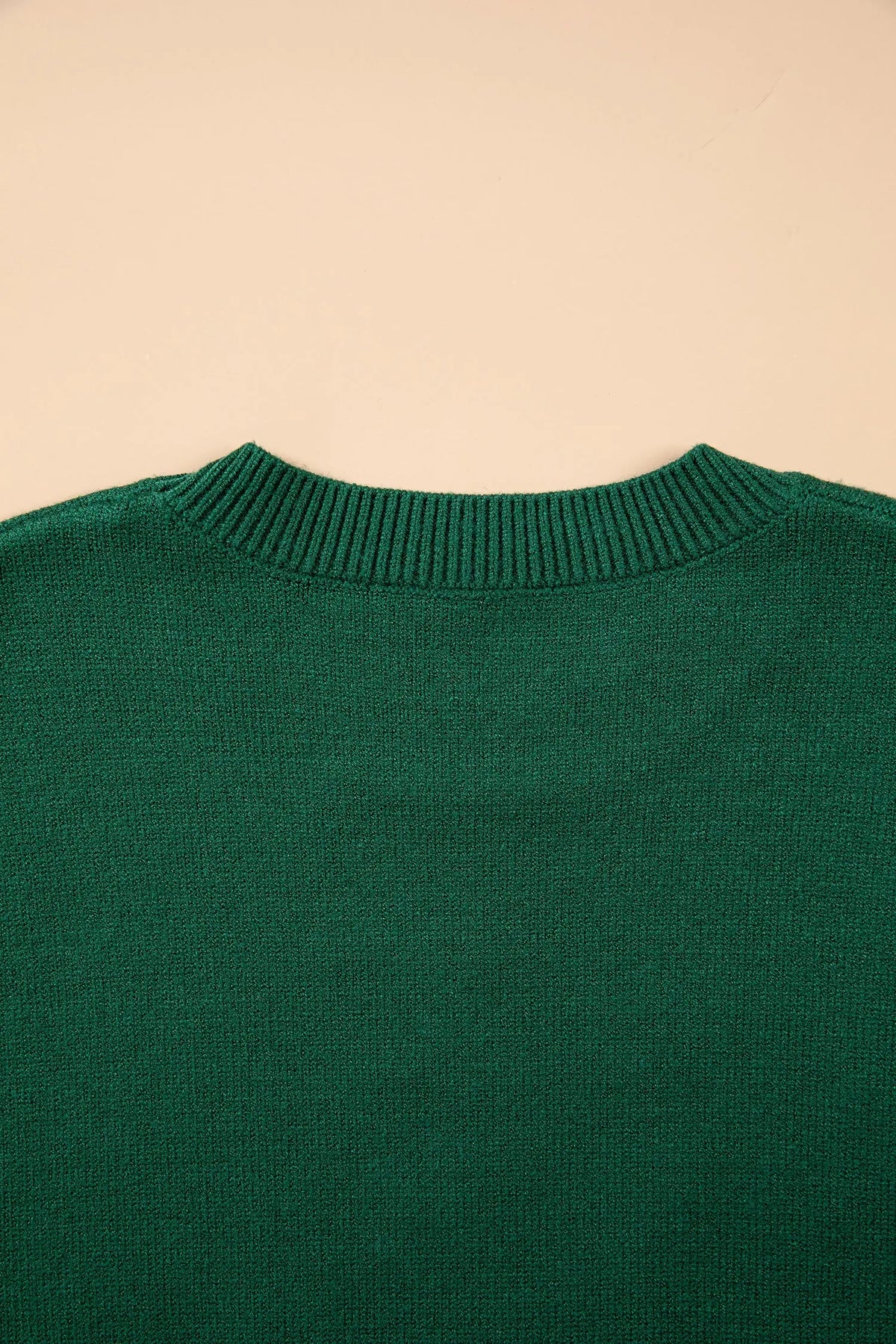 Blackish green abstract dog embroidery Christmas round neck sweater back neckline detail view · nz-alt-v1