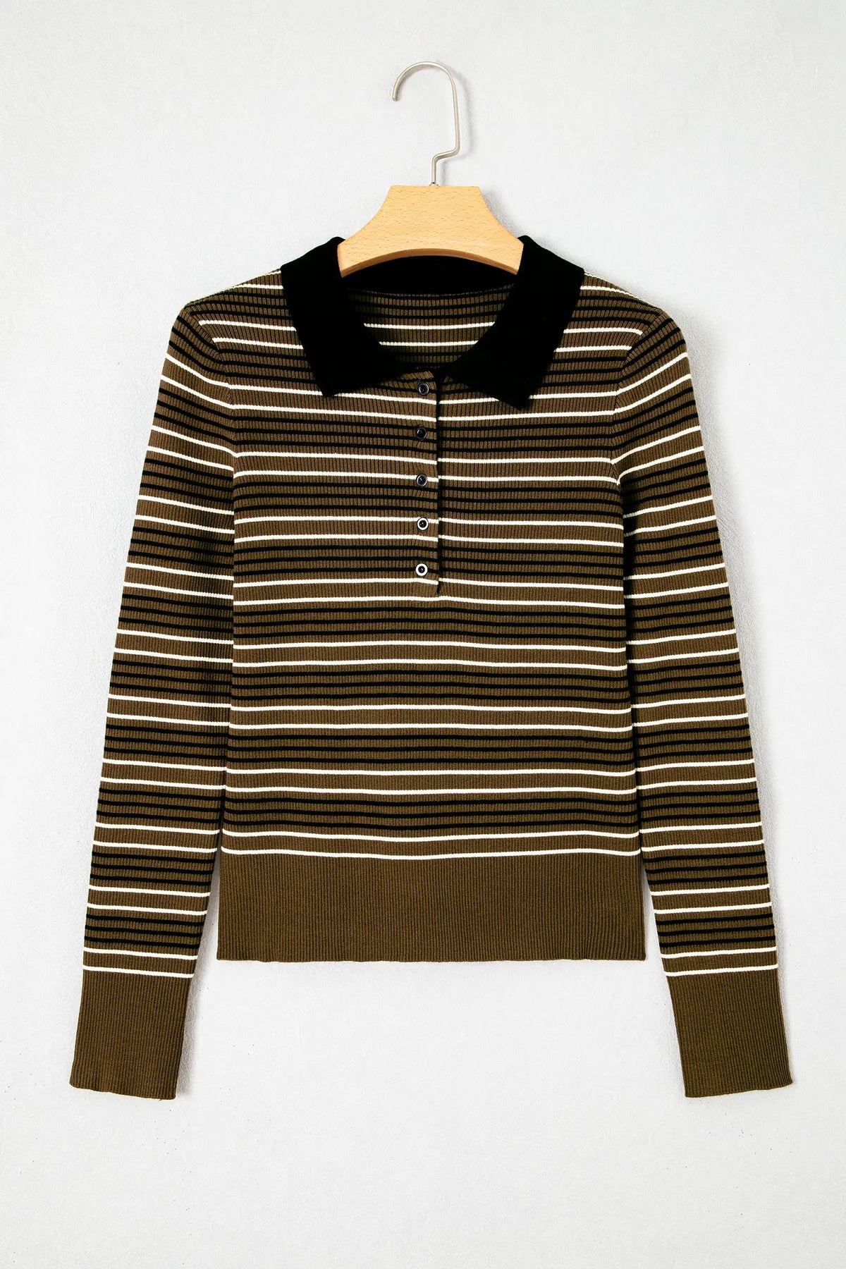 Green Stripe Striped Ribbed Knit Button Collar Sweater