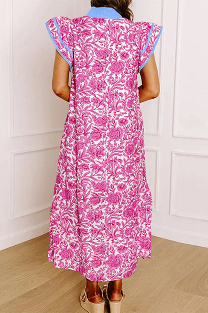 Pink Floral Print Color Block Patchwork V Neck Short Sleeve Midi Dress Nataliz