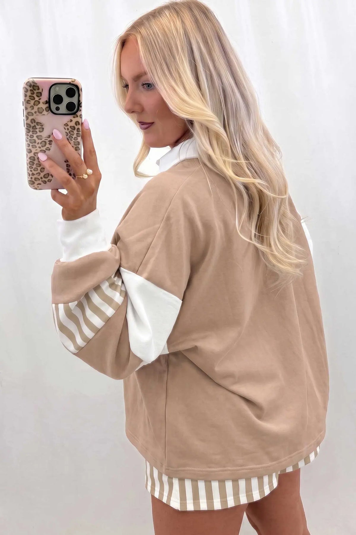 Striped Color Block Pullover Top Drawstring Shorts Set side view · nz-alt-v1