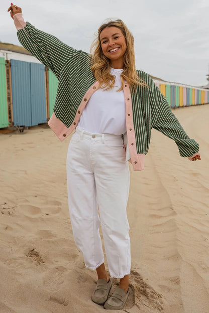 Green Stripe Striped V Neck Patchwork Long Sleeve Regular Fit Cardigan