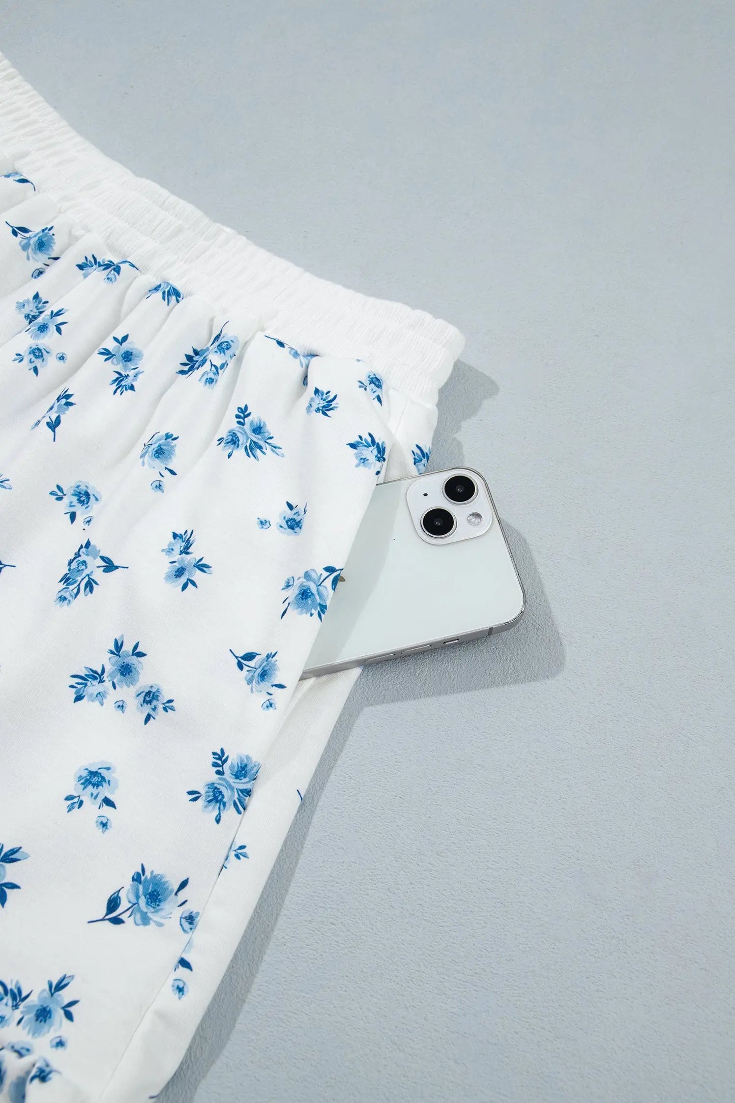 Sky Blue Floral Print Long Sleeve Top Elastic Waist Ruffle Hem Shorts 2pcs Set