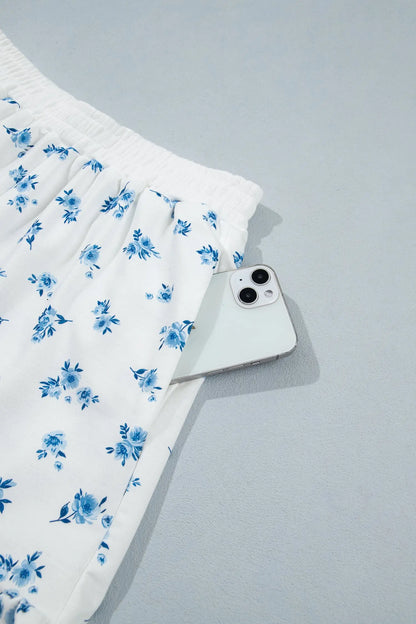 Sky Blue Floral Print Long Sleeve Top Elastic Waist Ruffle Hem Shorts 2pcs Set