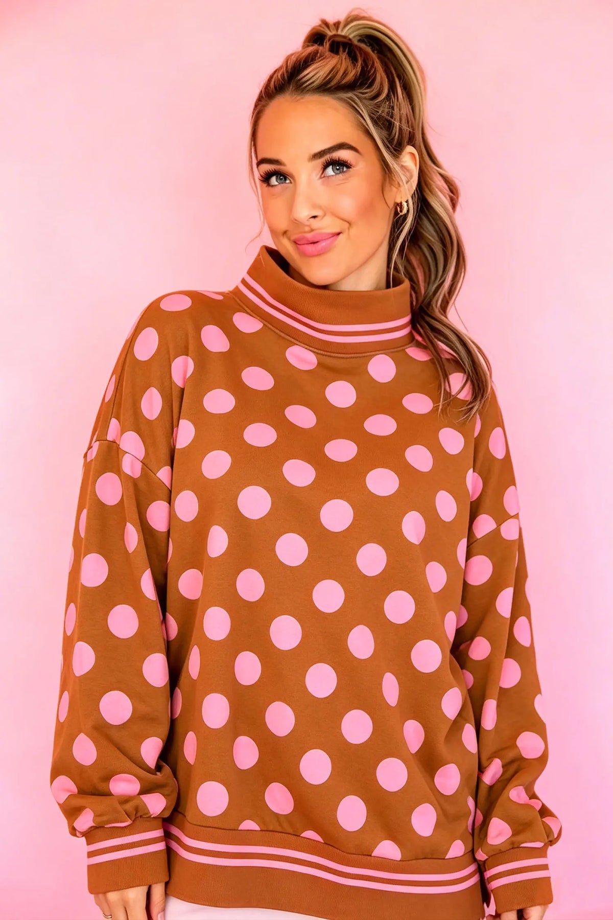 Rose Polka Dot Striped Trim Mock Neck Sweatshirt