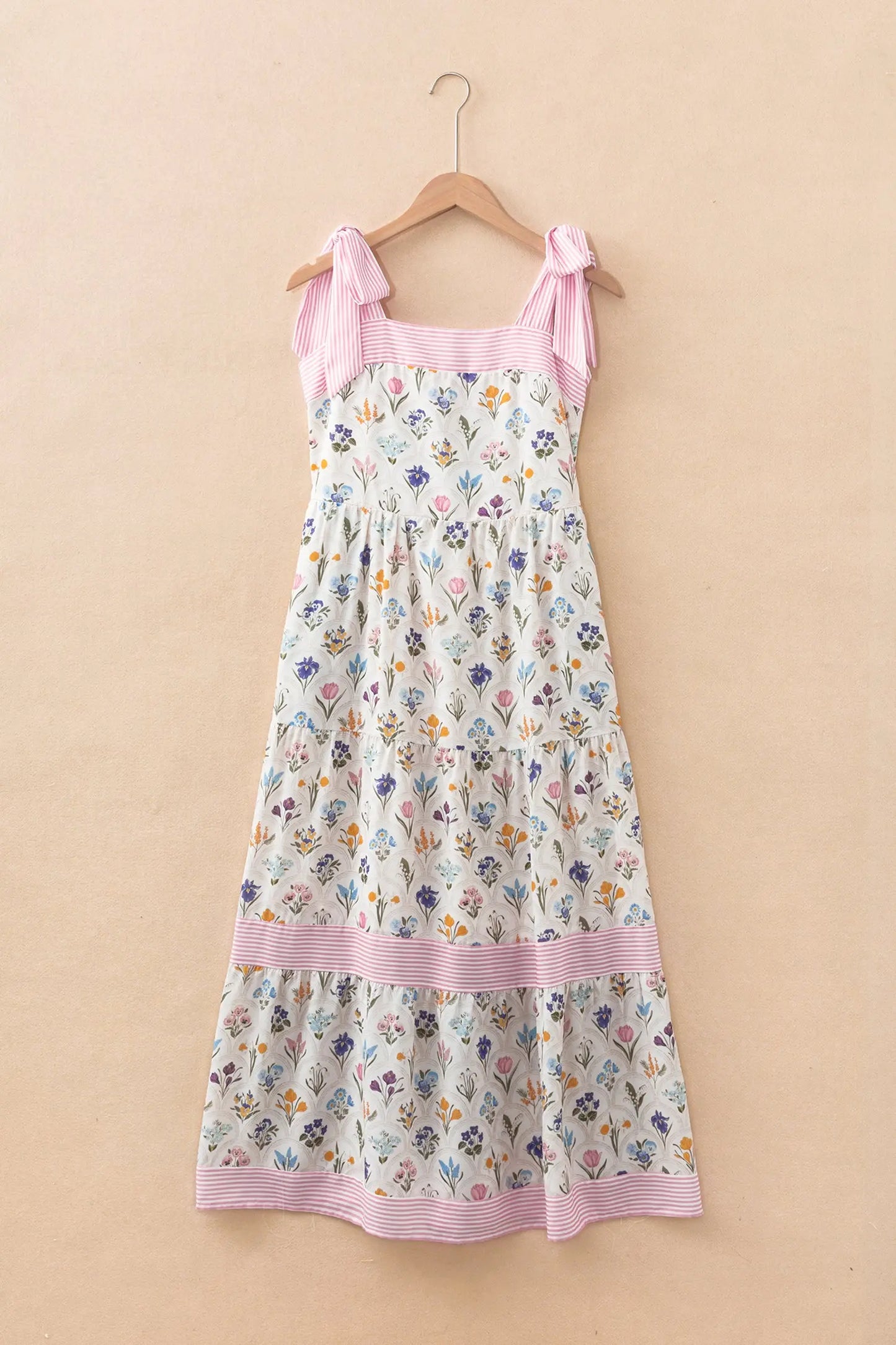 Multicolour Floral Print Striped Detail Knot Straps Maxi Dress