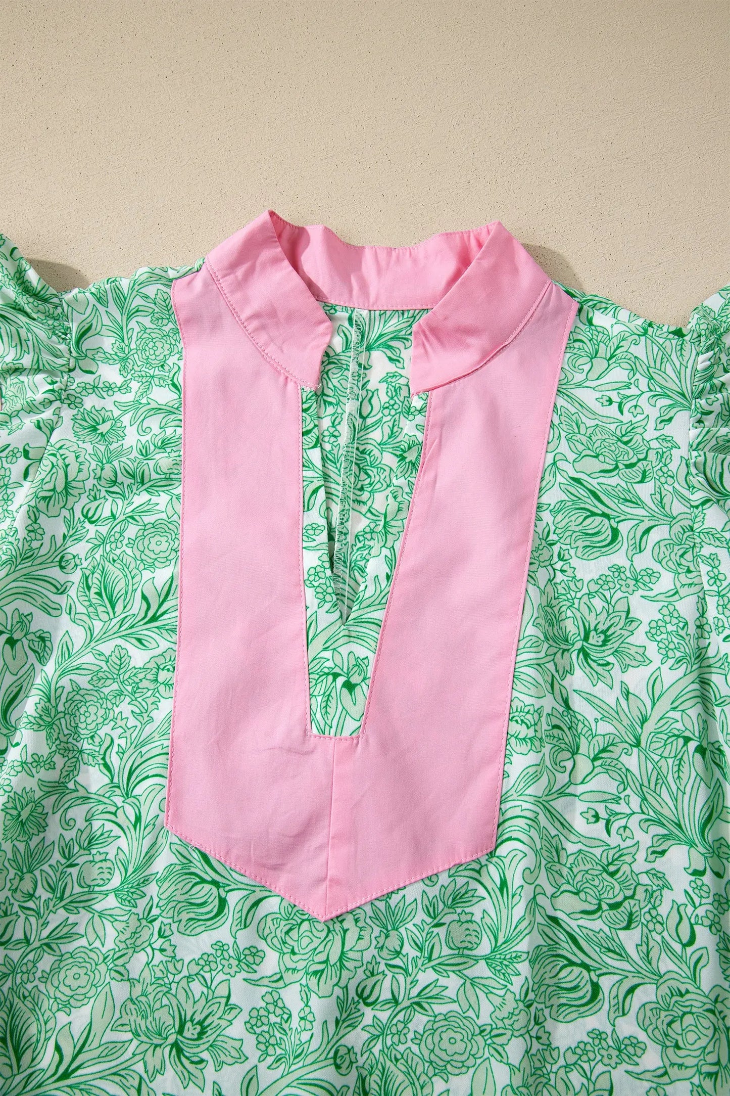 Pink Floral Print Color Block Patchwork V Neck Short Sleeve Midi Dress Nataliz