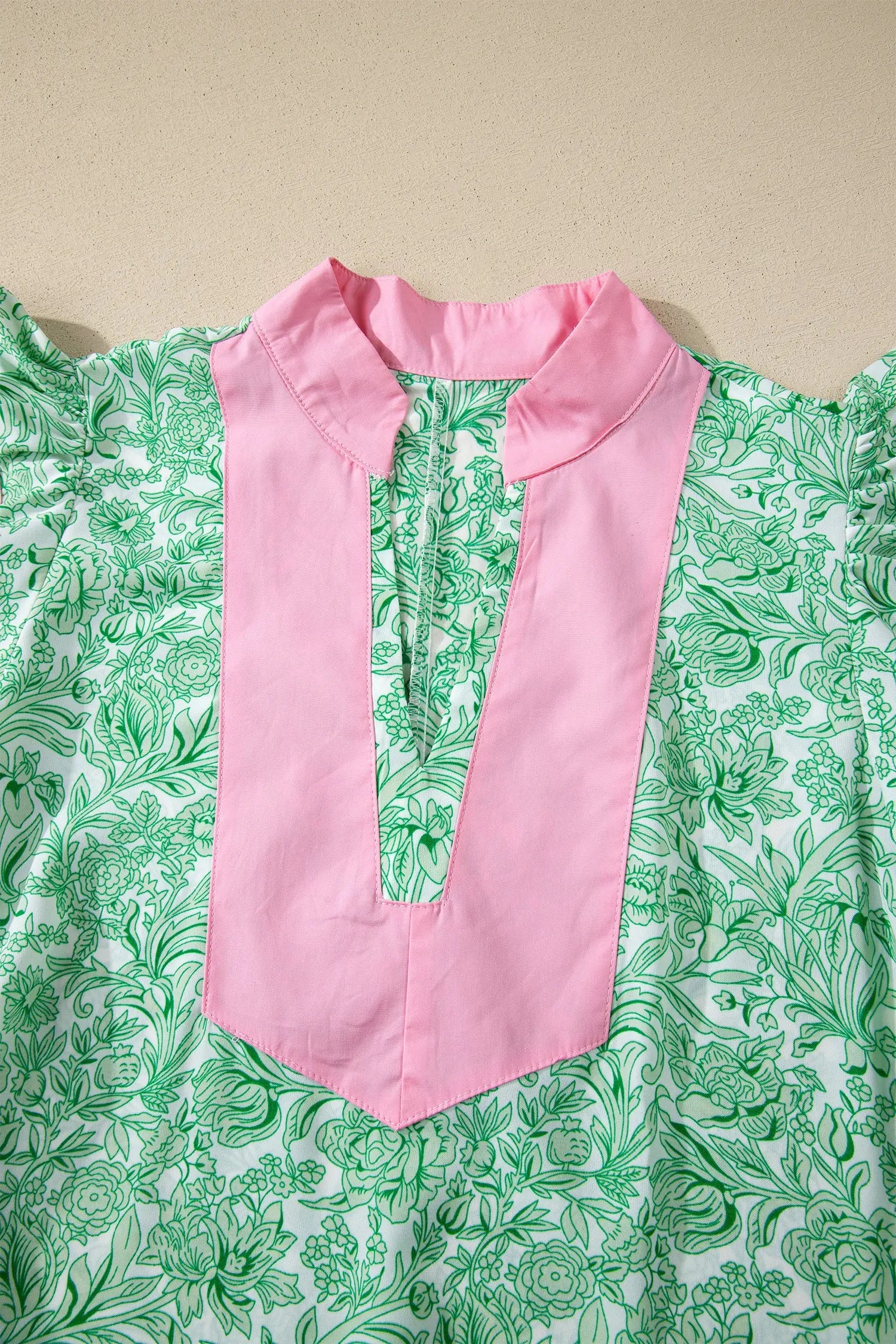 Pink Floral Print Color Block Patchwork V Neck Short Sleeve Midi Dress Nataliz