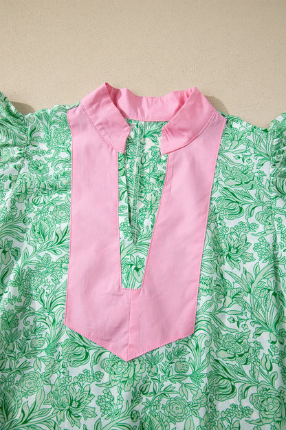 Pink Floral Print Color Block Patchwork V Neck Short Sleeve Midi Dress Nataliz