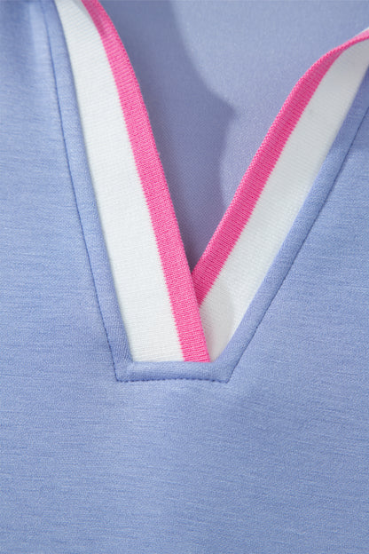Sky Blue Preppy Striped Trim V Neck Polo Tee Drawstring Skirt Set