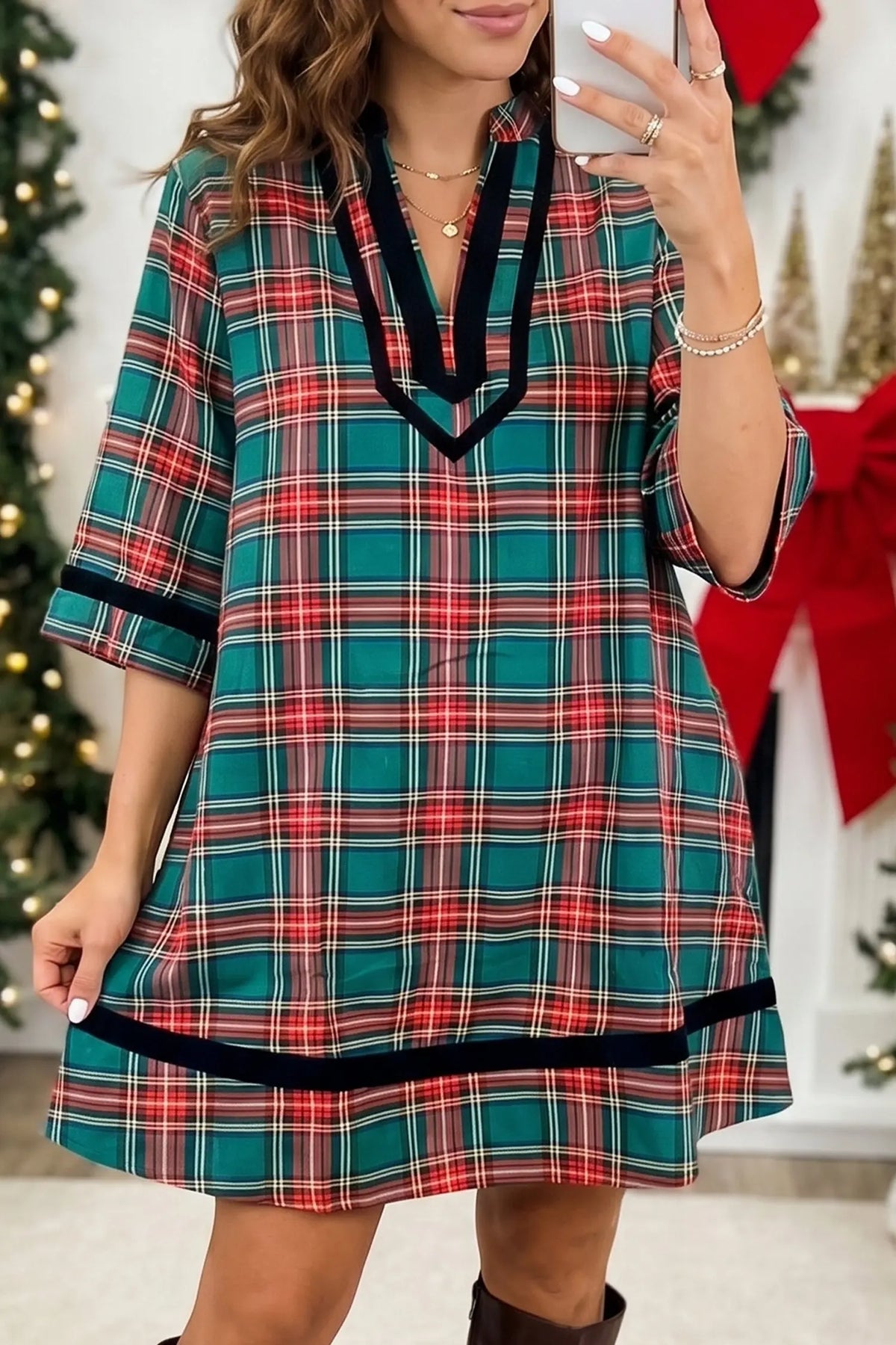 Green plaid velvet trim pockets short shift dress model front view · nz-alt-v1