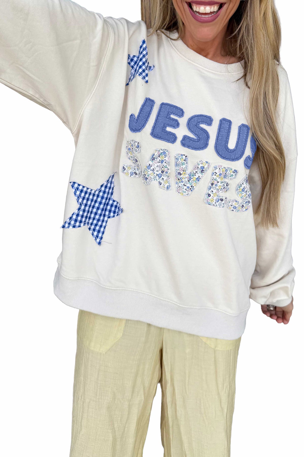 Patchwork Stars Plaid Unique Floral Letters Baggy Sweatshirt