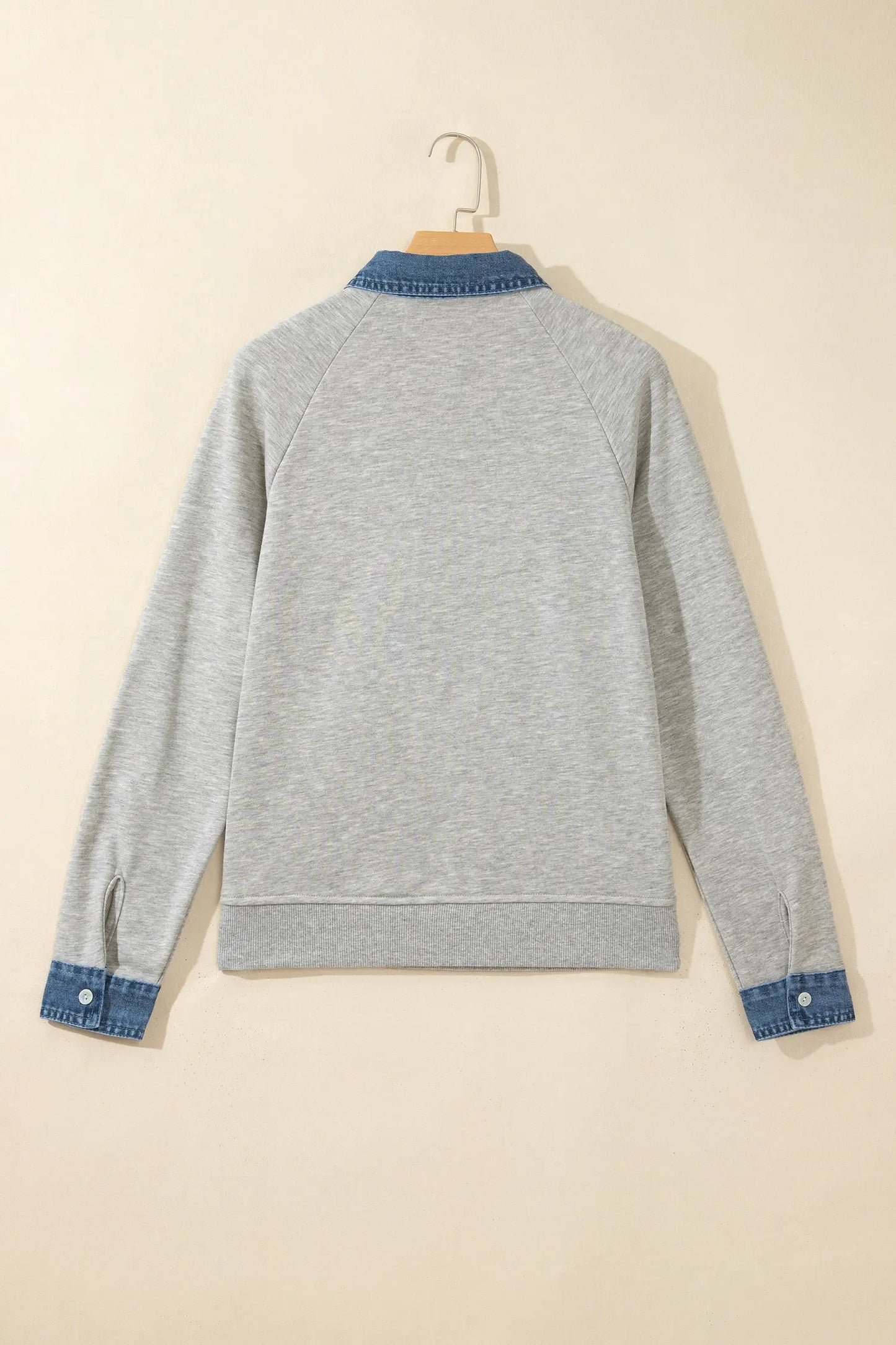 Sleet Denim Collar Patchwork Long Sleeve Pullover Top