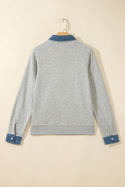 Sleet Denim Collar Patchwork Long Sleeve Pullover Top