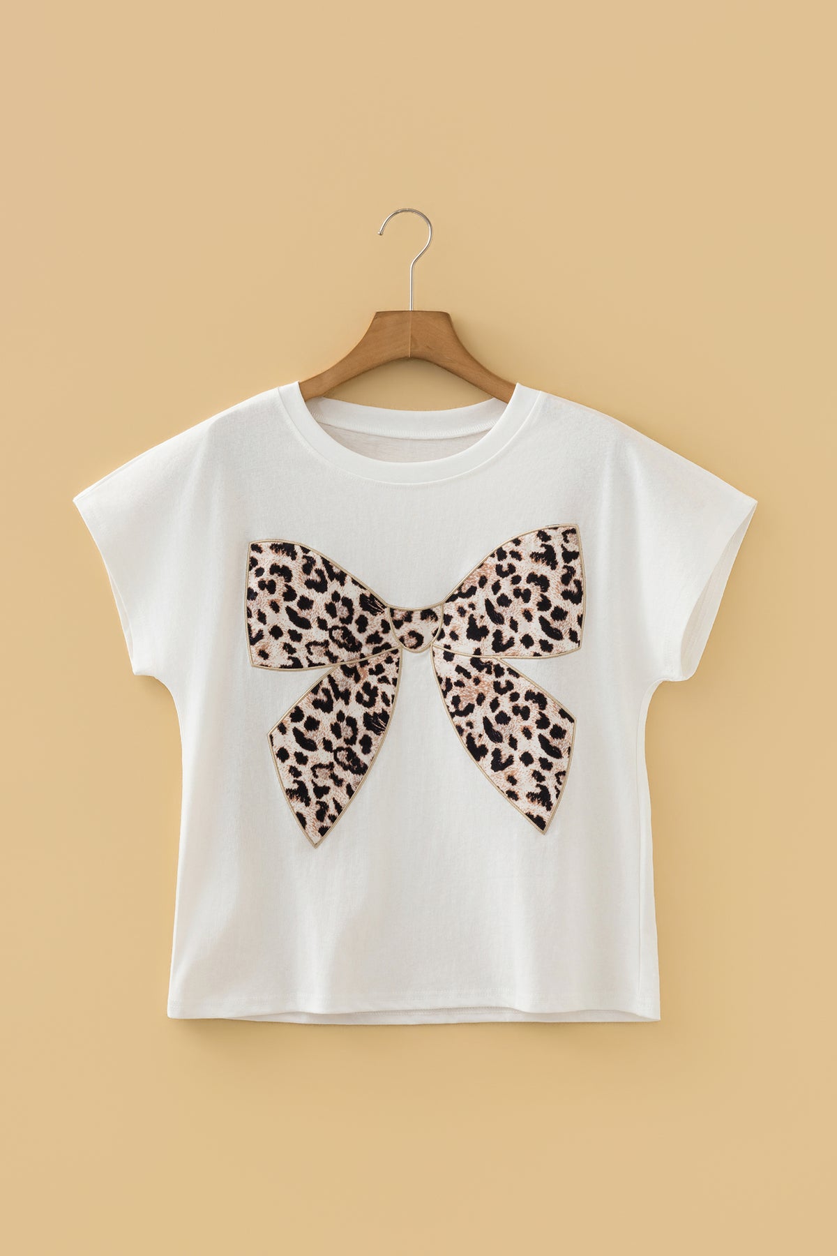 Leopard Bow Embroidered Cotton Round Neck T Shirt