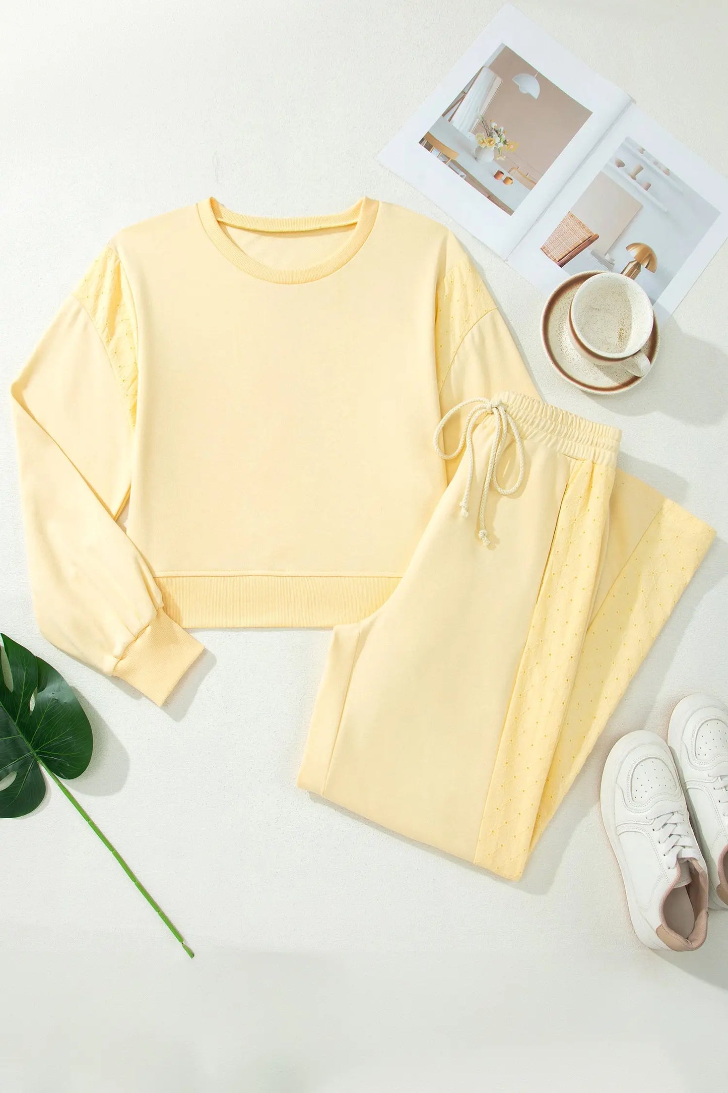 Yellow Cream Eyelet Embroidered Lace Patchwork Cropped Pullover Drawstring Pants Set
