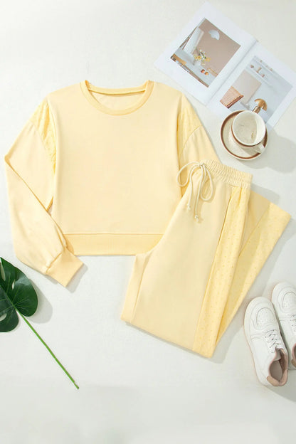 Yellow Cream Eyelet Embroidered Lace Patchwork Cropped Pullover Drawstring Pants Set