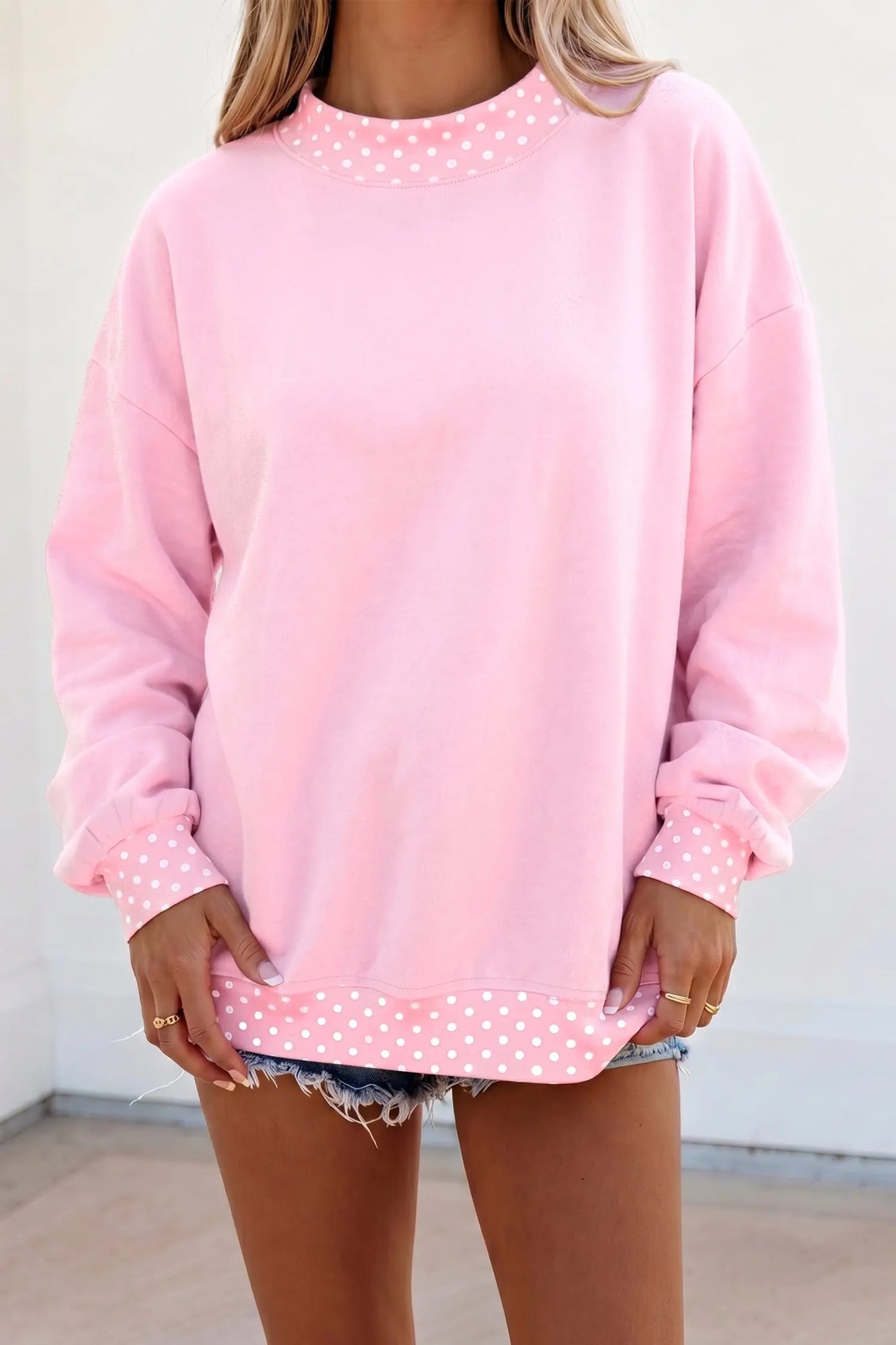Pink Colorblock Polka Dot Contrast Trim Oversized Sweatshirt