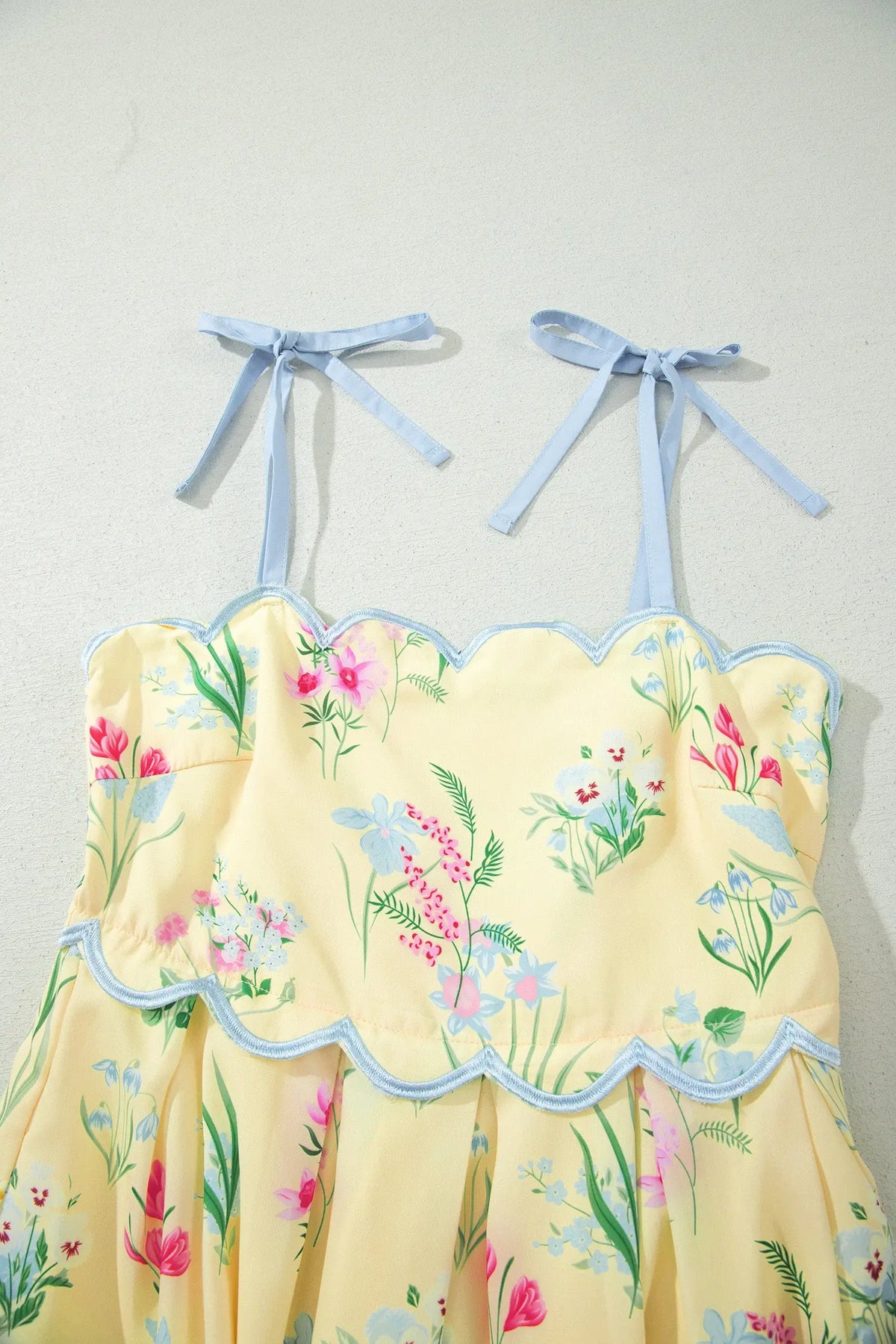 Yellow Floral Print Contrast Trim Self-tie Straps High Waist Midi Dress hanging view · nz-alt-v1